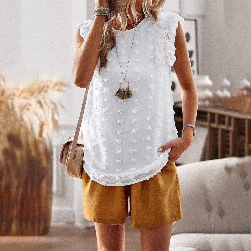 

Блузка с рукавами-бабочками и оборками, модные и элегантные женские жаккардовые рубашки с круглым вырезом, лето 2023, винтажный свободный женский топ 28176 XL белый