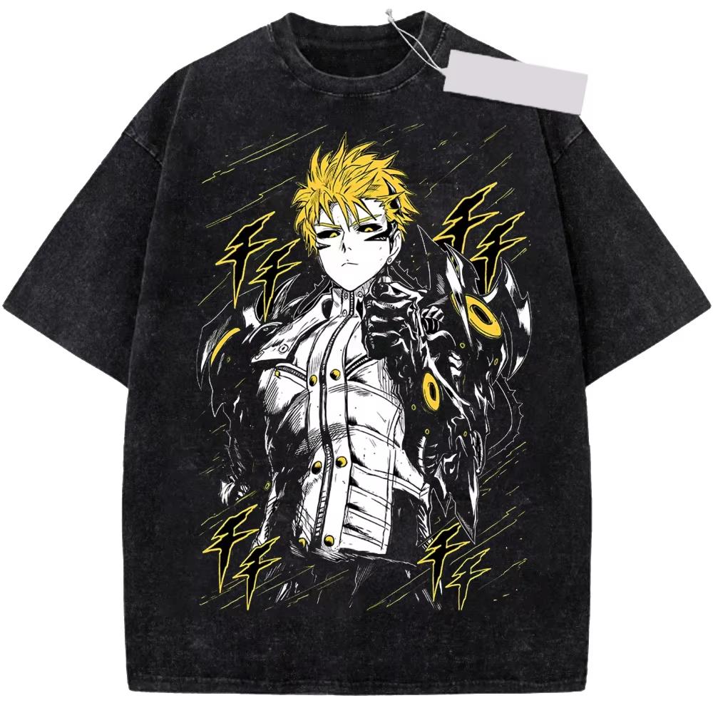 T-shirt Unisex in Puro Cotone Lavato Vintage Stile Harajuku Larga Uomo Donna con Stampa Anime di One-Punch Man Genos
