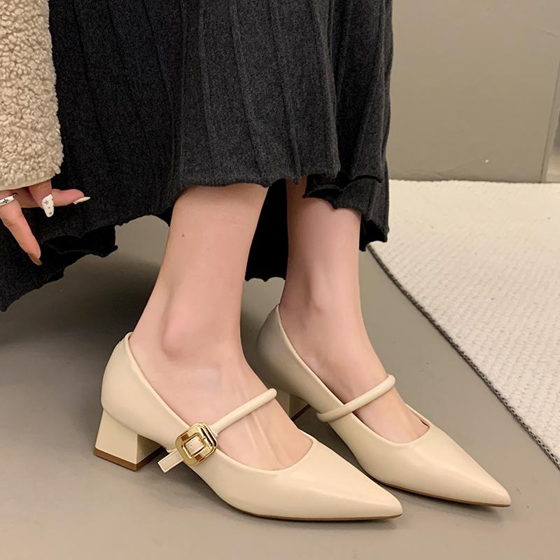 

Дизайнерские весенне-осенние кожаные туфли с острым носком, женские туфли-лодочки, модные туфли на низком каблуке, женские туфли в уличном стиле, туфли Мэри Джейн 40 бежевый