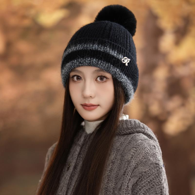 All Match Notes R Mark Plus Velvet Rabbit Fur Pullover Hat Autumn and Winter Outdoor Leisure Anti Cold Warm Hat Big Head Wool Hat