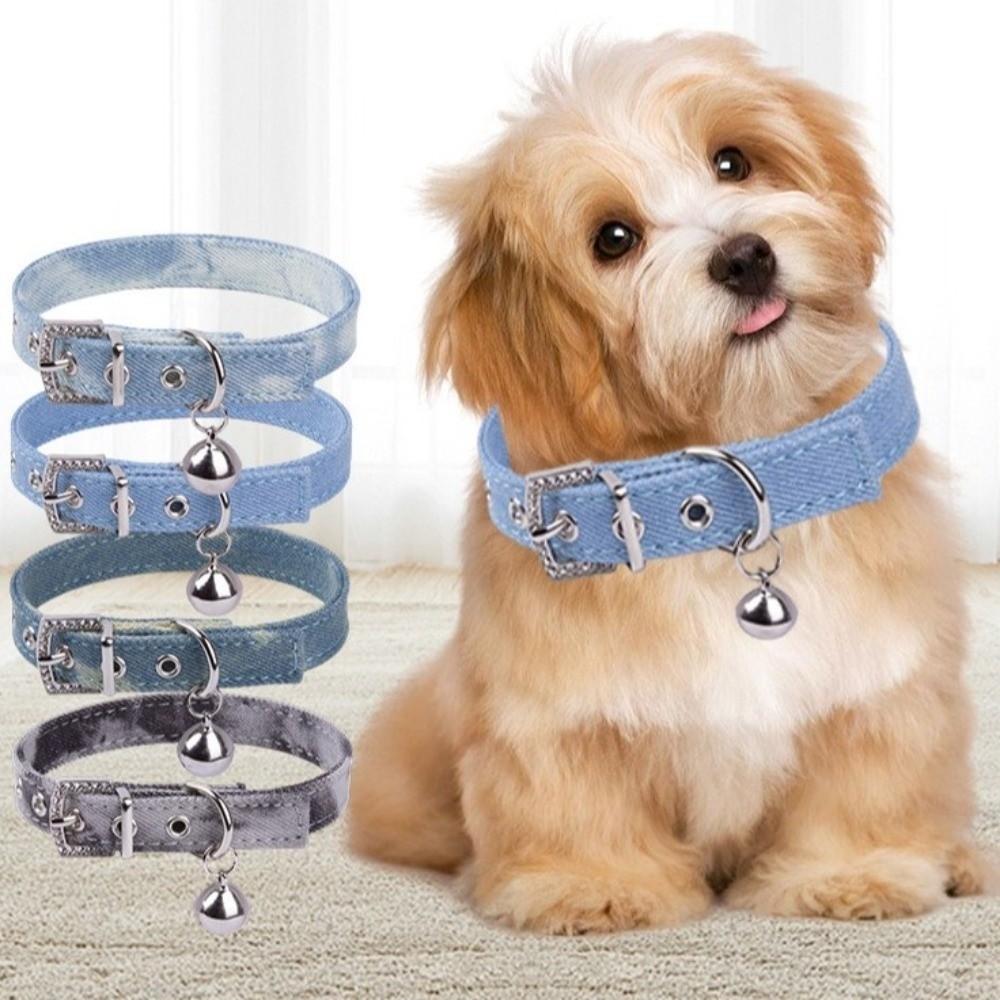 Metal Buckle Denim Dog Collar with Bell Soft Leather Puppy Jean Collar Adjustable Quick Release Puppy Neck Strap For Dogs Cats