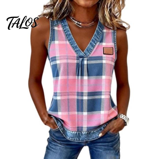 Soft Fabric Vest Summer for Women, V-Neck Sleeveless Tank Tops, Plaid Print Loose Fit Wrinkle-resistant Casual Camisole with Reinforced Collar S