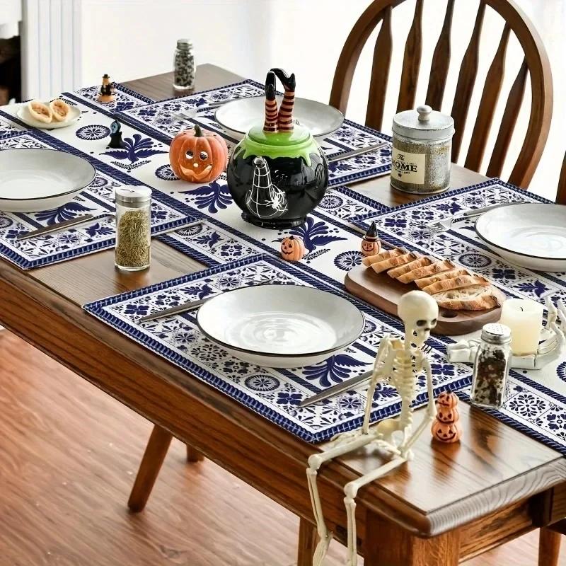 4PC Meal Mats Ceramic Floral Phoenix Carnival Mexican Mat Table Pads Non Slip Heat Resistant Place Dining Mat for Farmhouse