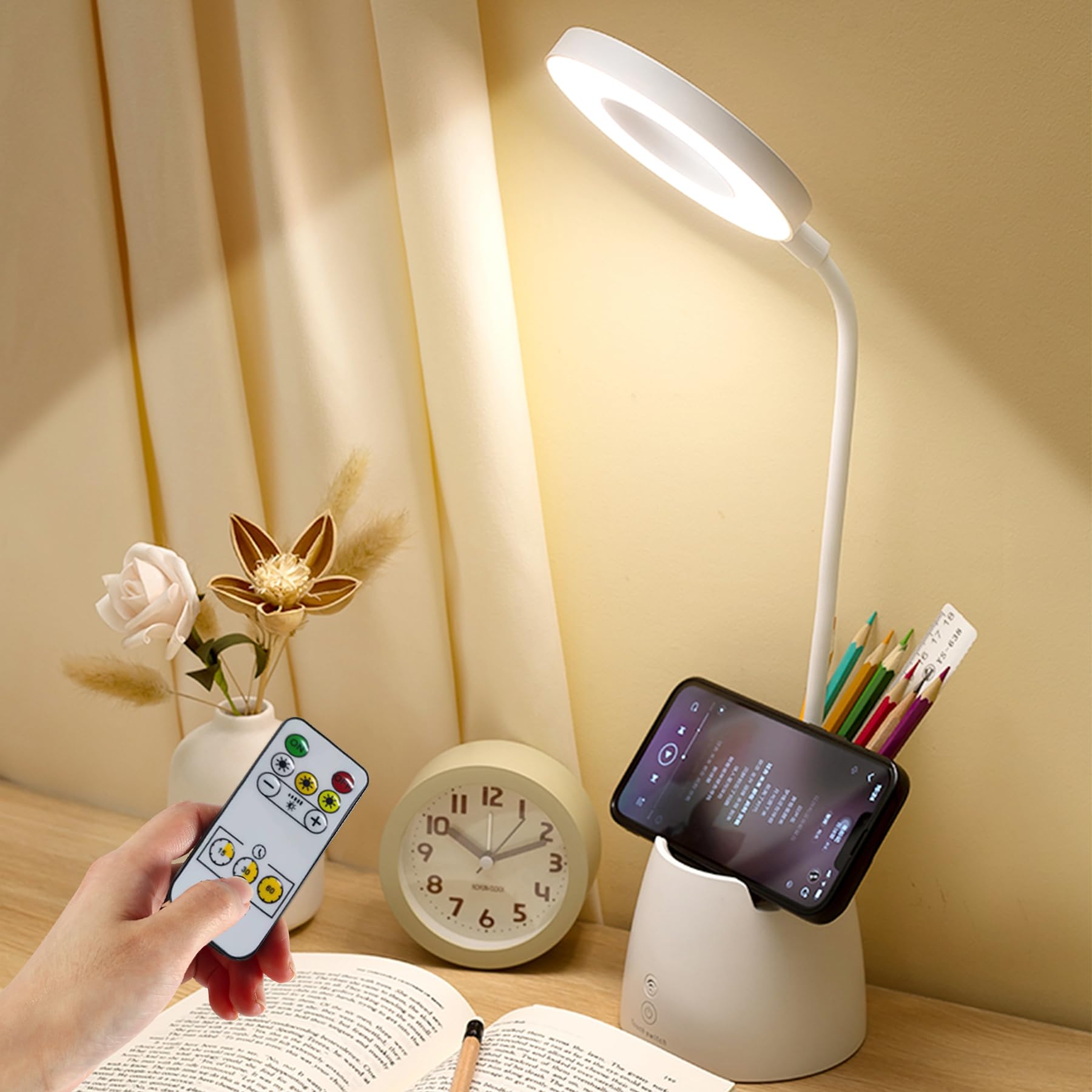 

Светодиодная настольная лампа-подставка с пультом и таймером, не занимает много места на столе, сенсорное управление, бесступенчатая регулировка яркости, подставка для смартфона, энергосберегающее настольное освещение для чтения, ночник, белый