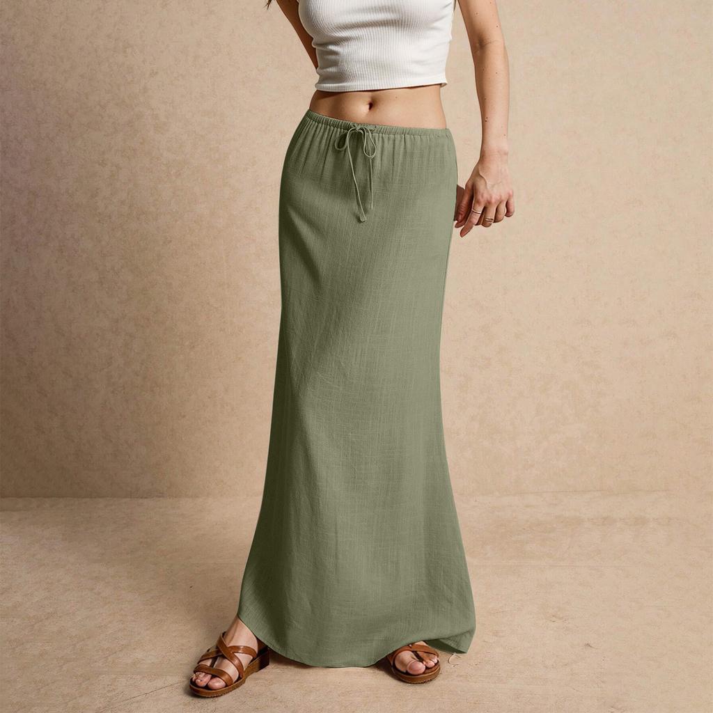 Women's Summer Maxi Skirt Drawstring Low Waist A Line Casual Skirts High Elastic Waisted Bodycon Long Maxi Skirts