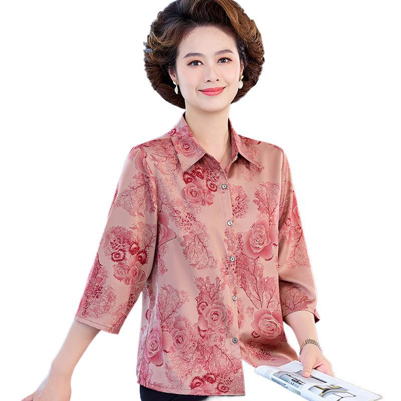 Stylish Printed Silk Shirt for Mom – Summer Short-Sleeve Top for Middle-Aged & Elderly Women