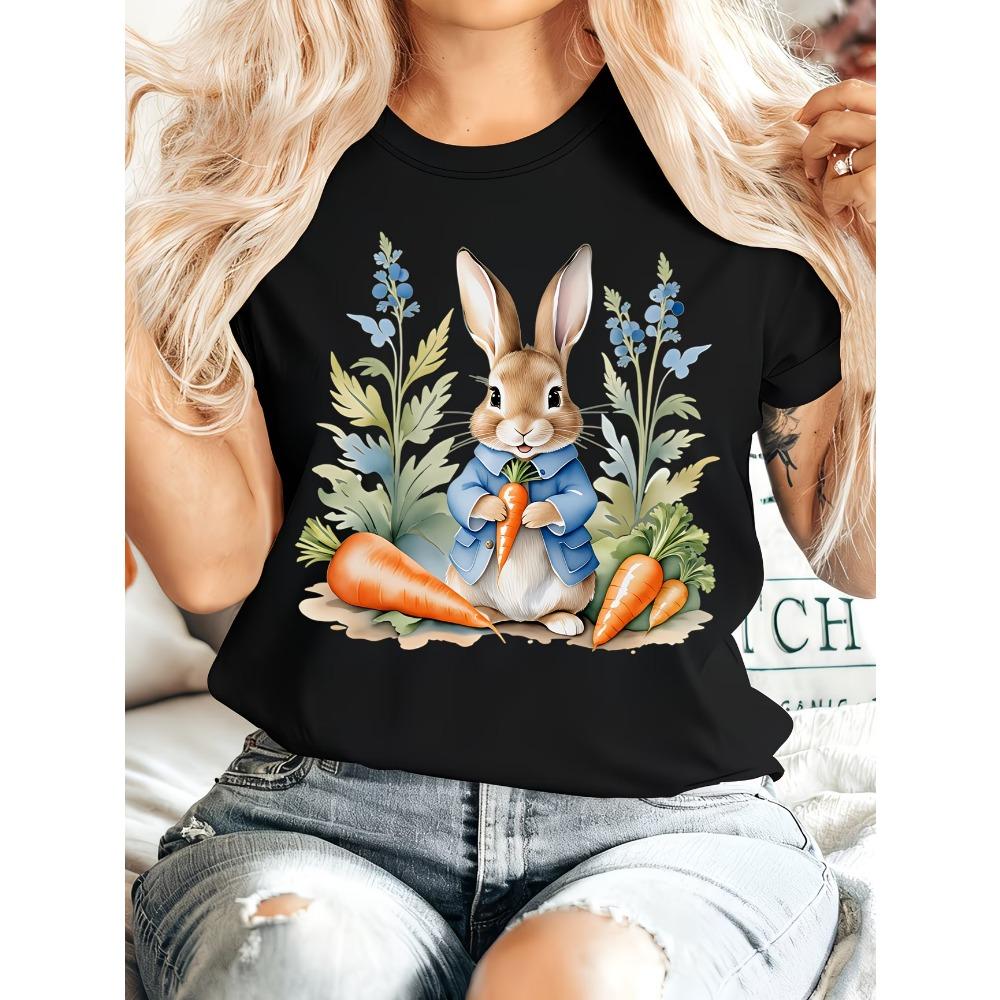 

Easter Gift Women s Summer Clothing Peter Rabbit Round Neck Short Sleeve T-Shirt Rabbit Holding a Carrot Sitting Among Flowers S