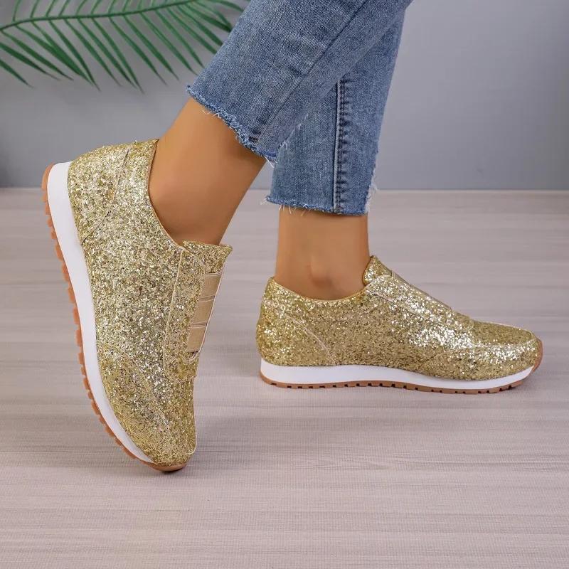 Mode 2024 Herbst Neue Mode Slip-on Damen-Sneaker Gold Silber Trend Sportschuhe Damen Niedrigabsatz Outdoor Freizeit Walking Schuhe