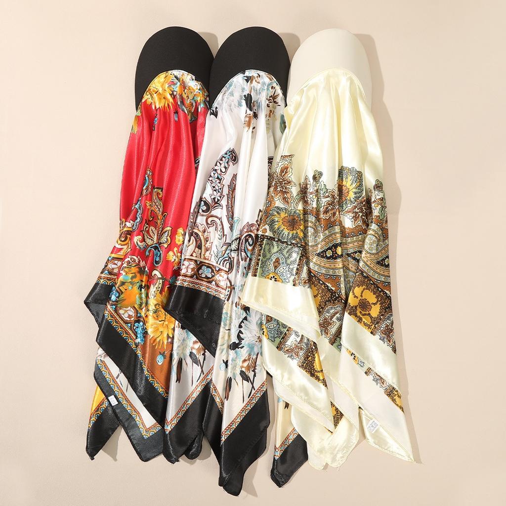 European and American colored large square scarf hat, satin simulated silk scarf, holiday headscarf with brim, one-piece headscarf hat hair accessory