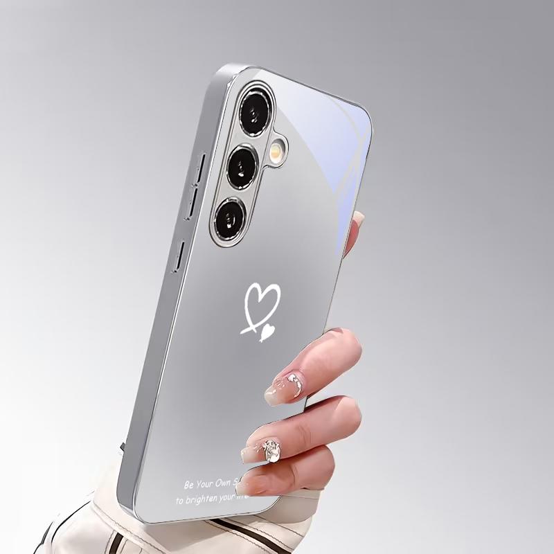 Line Art Love Heart Electroplated Silver Phone Case For Samsung S24 S21 20 Ultra S22 FE S23 Plus S25 S26 Note 10 20 Glass Cover