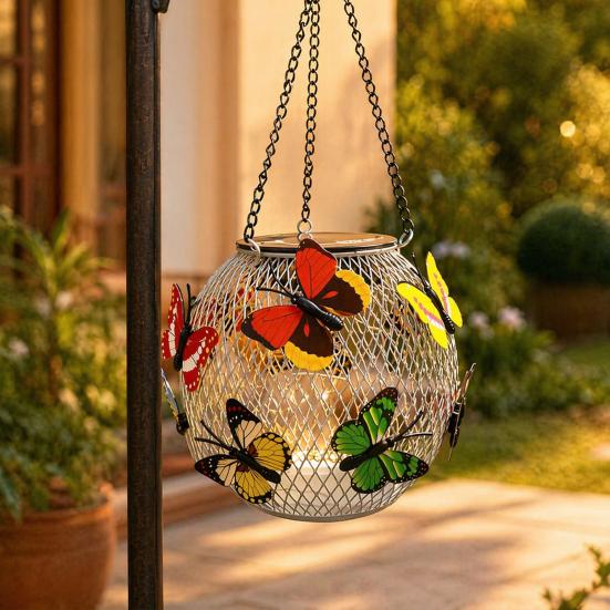 Solar-Schmetterlings-Hängeleuchte mit LED, Wasserdicht für den Außenbereich, Farbwechselnde Metall-Gartenlampe mit Kette, Solar-Garten-Hängekugel für Terrasse