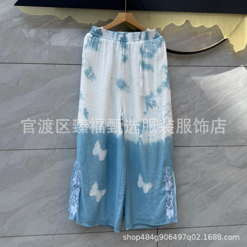 

Tie-Dye Women s Loose Cotton Wide-Leg Summer Pants with Double Layer Embroidery One Size