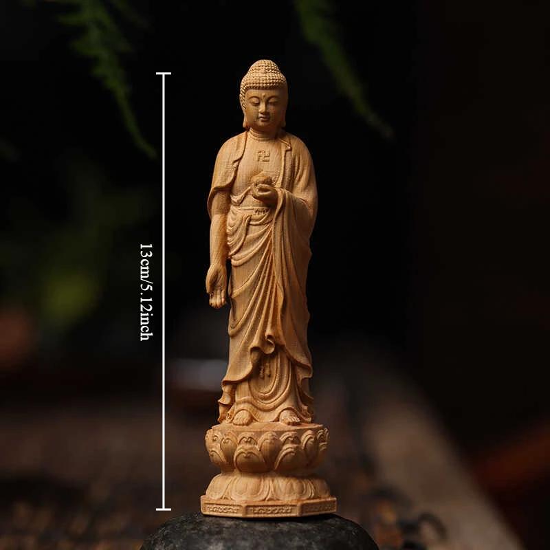 Cliff Cypress Wood Carving Statue of Shakyamuni Buddha Wood Engrave Wooden Sculpture Home Crafts Ornaments Decoration
