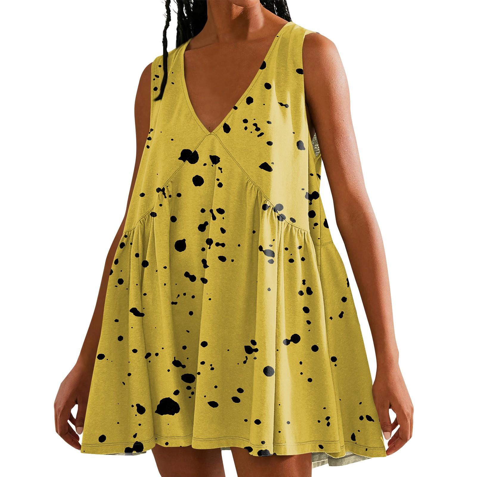 

Женское повседневное пляжное платье без рукавов с принтом в горошек и V-образным вырезом, короткая юбка L жёлтый