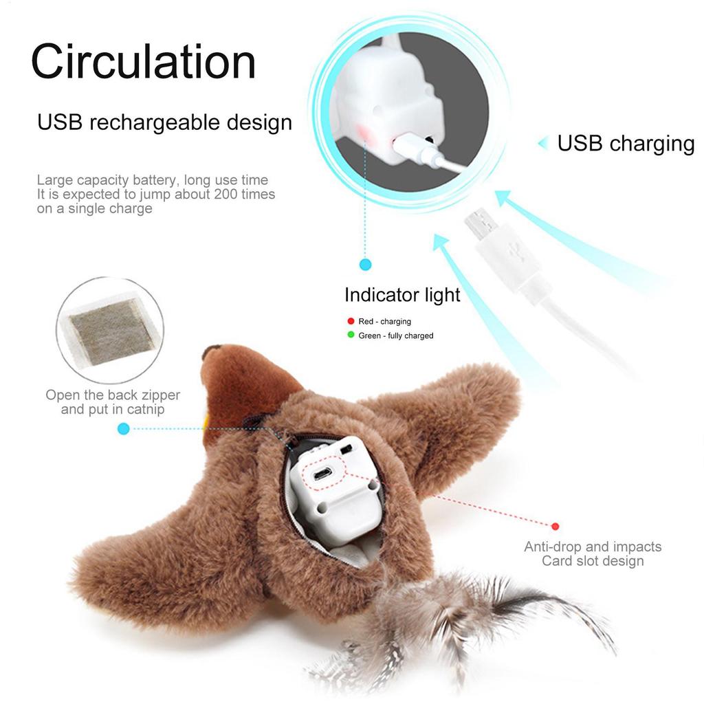 Interactive Cat Toys Rechargeable Electric Chirping Flapping Wings Bird Cats Touch-Activated Squeaky Plush Toy Pet