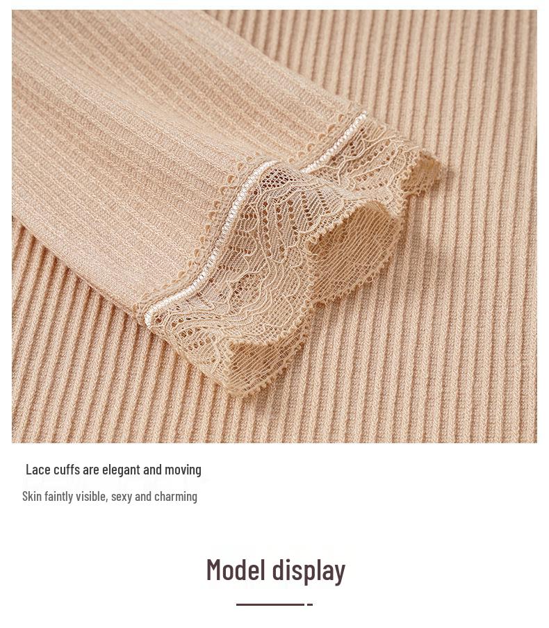 Warmer Damen V-Ausschnitt Spitzen-Patchwork Thermo-Top mit Brustpolstern, Fleecegefütterte Langarm-Basisschicht für Winter und Herbst.