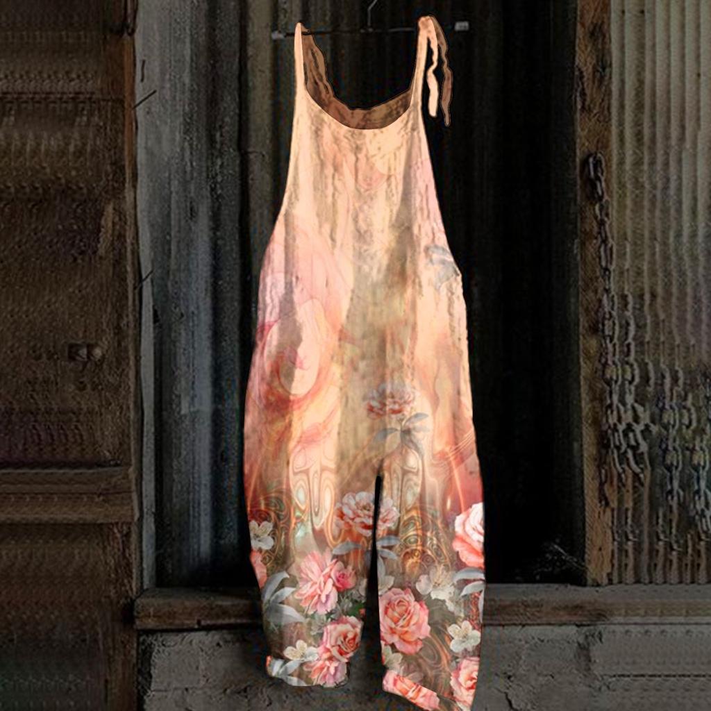 Kombinezon damski z nadrukiem, luźny, w stylu vintage, na ramiączkach, z bawełny i lnu