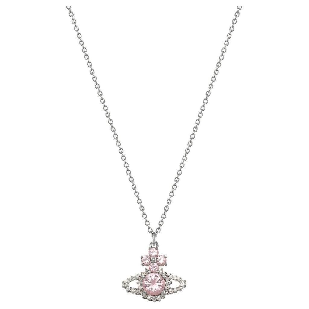VIVIENNE WESTWOOD Valentina Saturn Shaped Pink Pendant Platinum Crystal Necklace Unisex Necklace Silver Pink-Diamond 8053195229369