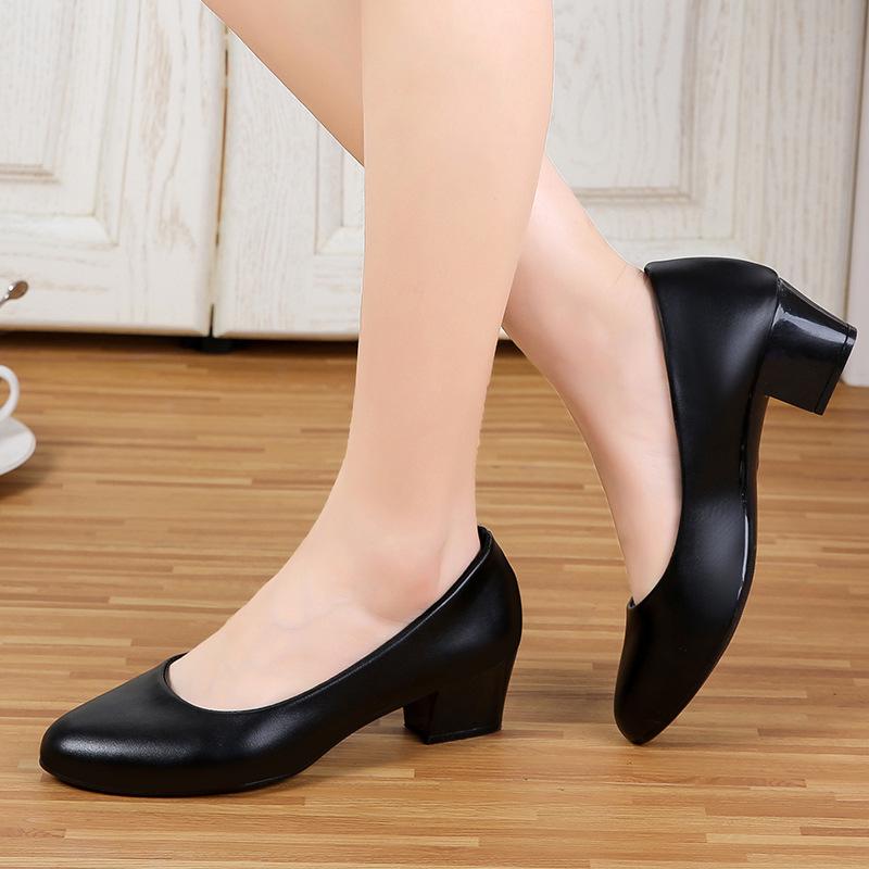 Women'S 5Cm High Heels Pumps Office Lady Women Shoes Sexy Bride Party Thick Heel Round Toe Leather Zapatillas Mujer Wedges G6