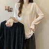 Women's Elegant Lace Trim Ribbed Knit Long Sleeve Top V-neck Loose Casual Blouse Ladies T-shirt