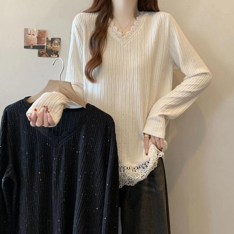 Women's Elegant Lace Trim Ribbed Knit Long Sleeve Top V-neck Loose Casual Blouse Ladies T-shirt