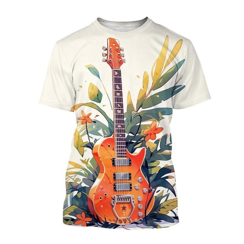 Camiseta con estampado 3D de arte de guitarra creativa, patrón de instrumento musical, camiseta de manga corta con cuello redondo para hombres, camisetas casuales