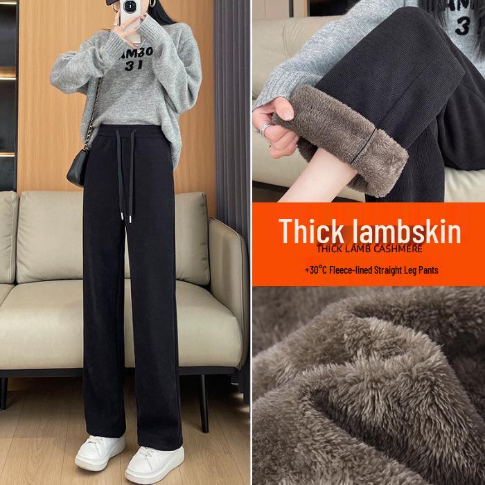 

Women s High-Waisted Khaki Wide-Leg Lambswool Pants with Velvet Lining for Autumn/Winter. XL