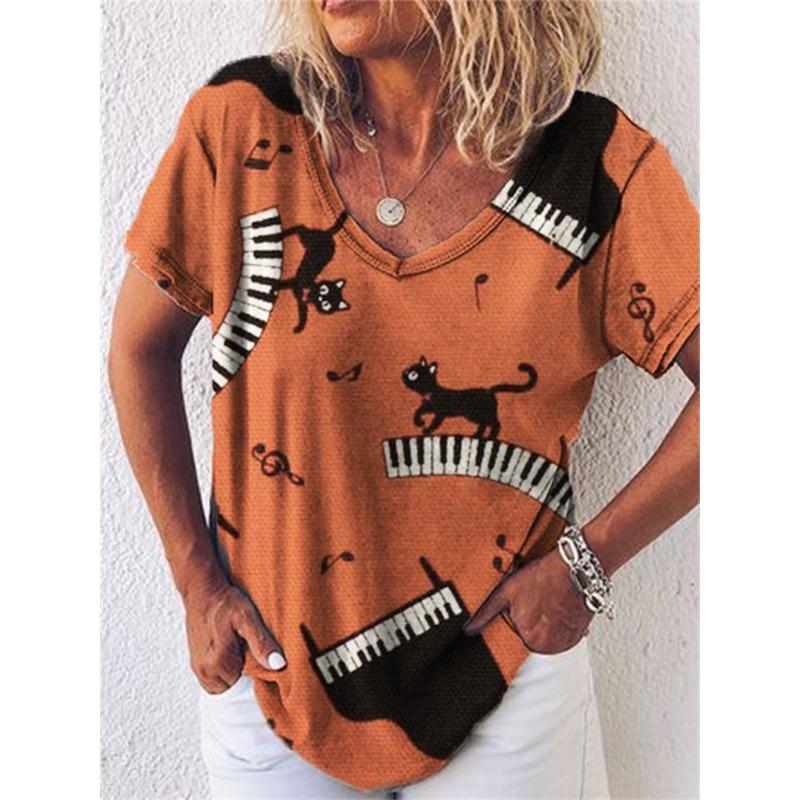 Summer V-neck 3D Cat Flower Colorful Printed Top Fashionable Casual Short Sleeved Women's T-shirts