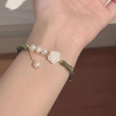 Chinese Style Light Luxury Retro Green Bamboo Joint Beaded Bracelet For Women  Rose Flower Bracelet Jewelry Gift