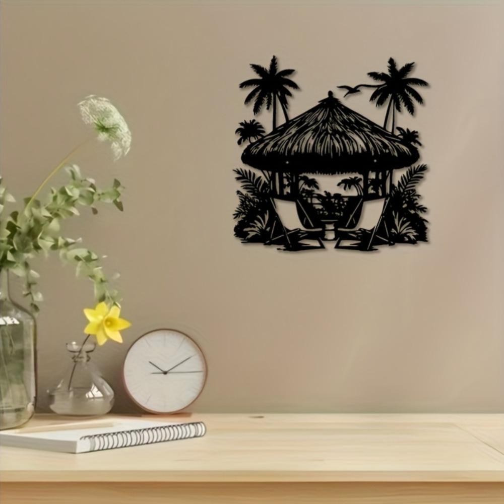 Metal Wall Art Black Cabin with Chairs Trees Stylish Outdoor Decor Housewarming Gift for Labor Day