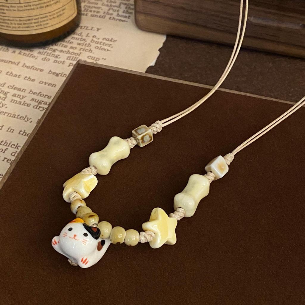 Sladký keramický kočičí hvězdný pletený lanový náhrdelník menšinový design sladký retro sladký cool dívčí náhrdelník módní šperky