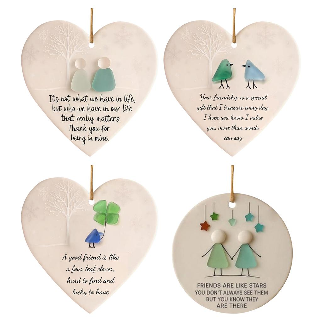 Friendship Christmas Ornaments W/ Inspirational Quotes Sea Glass Heart Christmas Tree Hanging Ornaments for Friends Home Decor