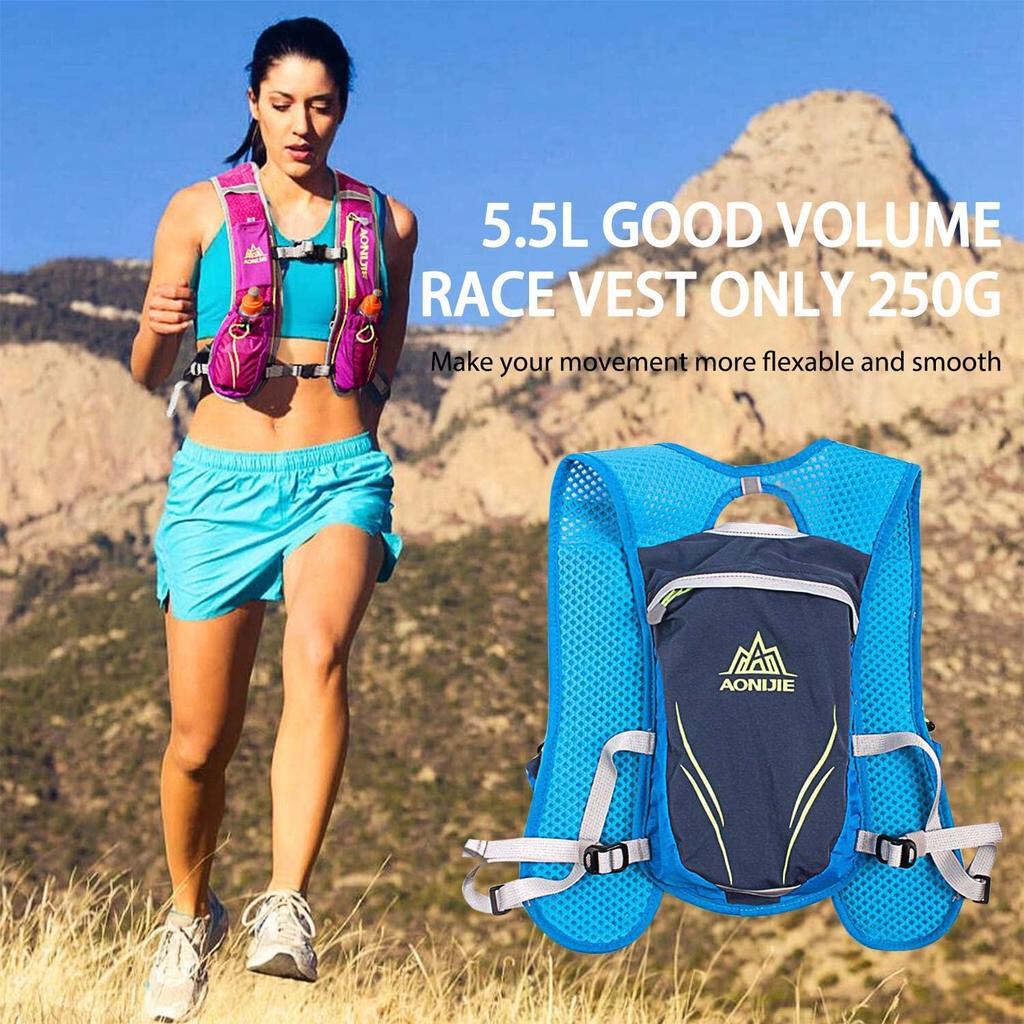 HEARTST Running Bag Marathon Backpack Daypack Lightweight Breathable Waterproof Reflective Hydration Bag Backpack 500ml Water 5.5L (Blue + Bottle)