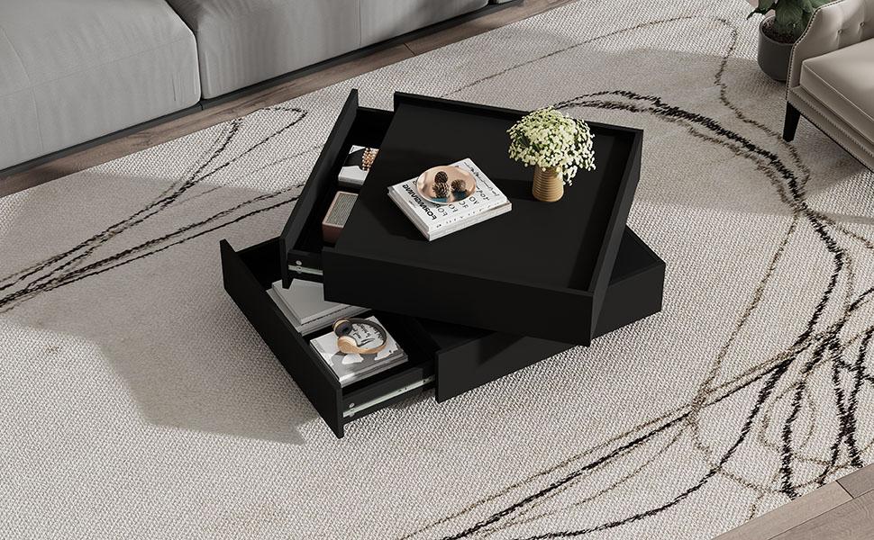 Functional Coffee Table for the Living Room, 360 degrees Rotatable, Rotating Tabletop with 2 Shelves and Storage Space, Side Table Frame Black