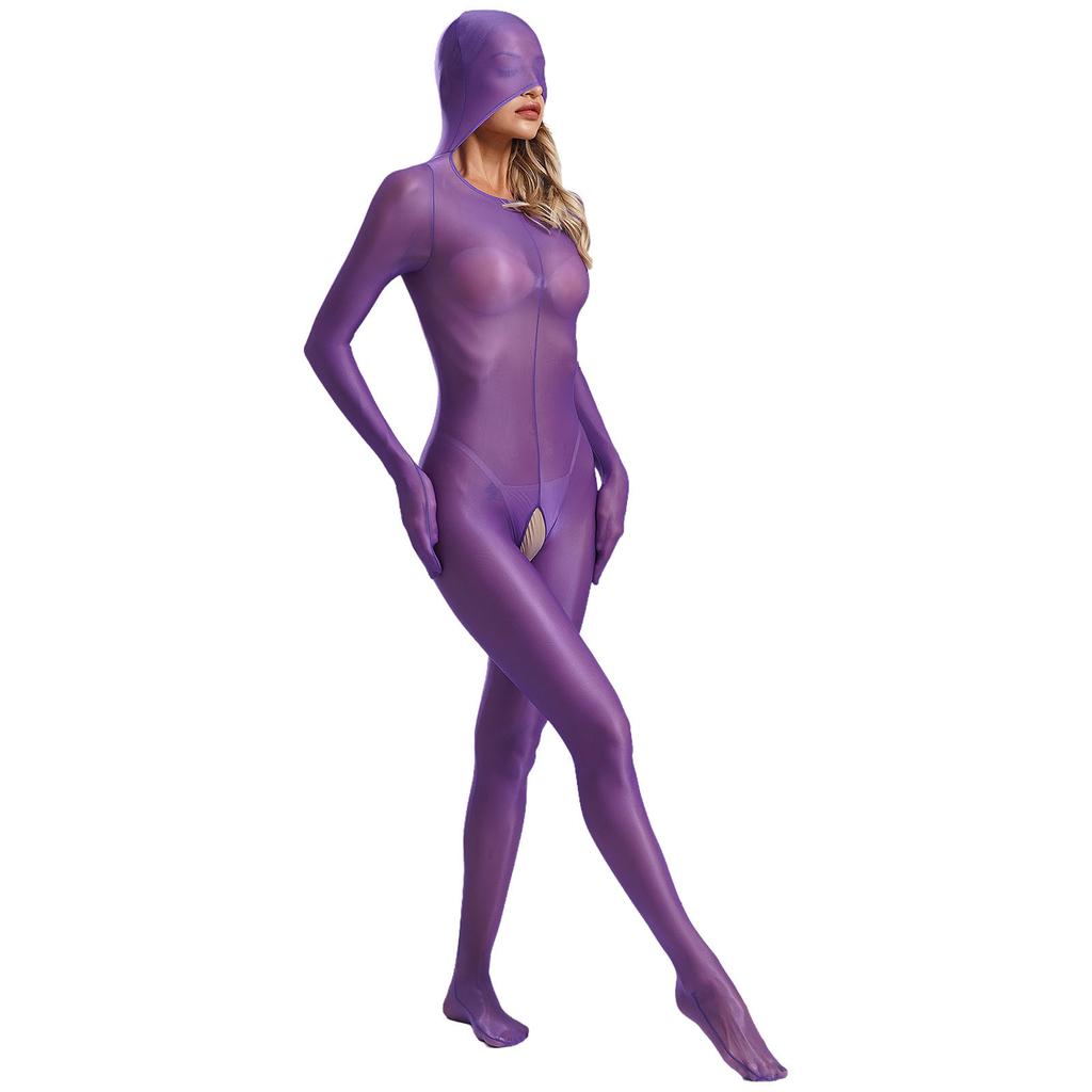 Womens Sheer Full Body Catsuit Long Sleeve Gloves Footed Design Open Crotch Hooded Jumpsuit