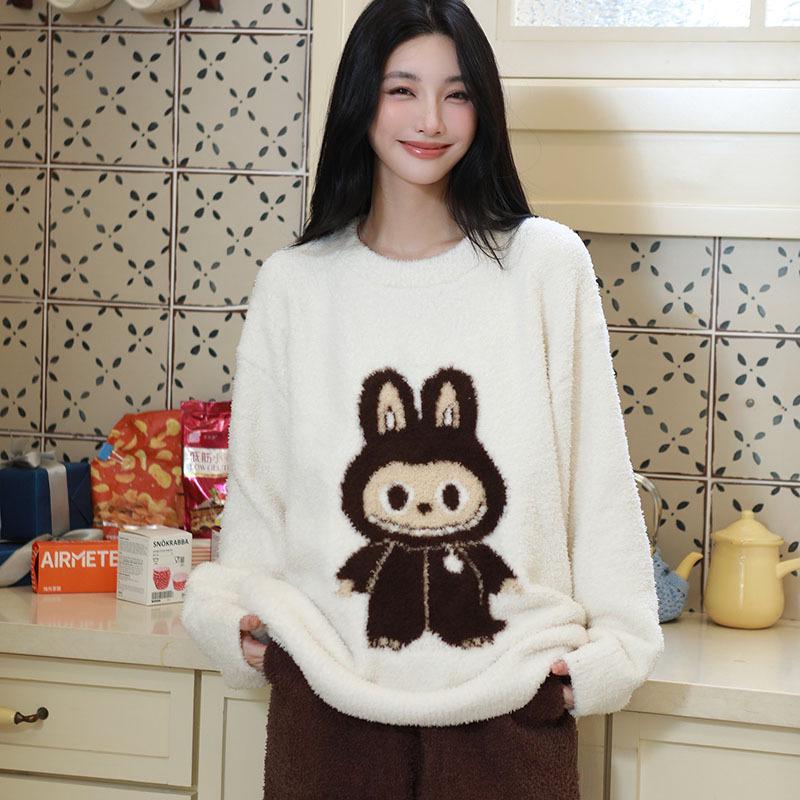 

New Cozy Fleece-Lined Winter Pajama Set - Fluffy Cartoon Crew Neck Women s Homewear One Size