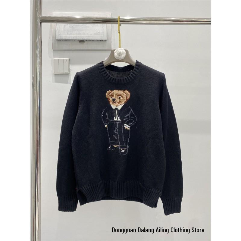 Damen Jacquard Wollmischpullover mit gesticktem Cartoon-Bär-Design