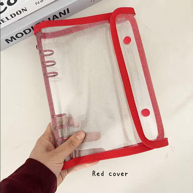 A5 PVC Binderhülle 6-Ring Doppel-Druckknopfverschluss Kantenumschlagenes Transparentes Design Notizbuch-Organizer zur Aufbewahrung von Papierdokumenten