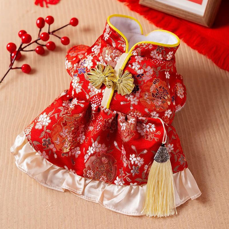 Winter Warm Pet Dog Coat Chinese Style Red Tang Suit Small Dogs Cats Festive New Outfit
