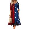 Women's Independence Day Dress - Casual Midi, Round Neck, Three Quarter Sleeves, Ruching Waist, for Spring Fall Parties