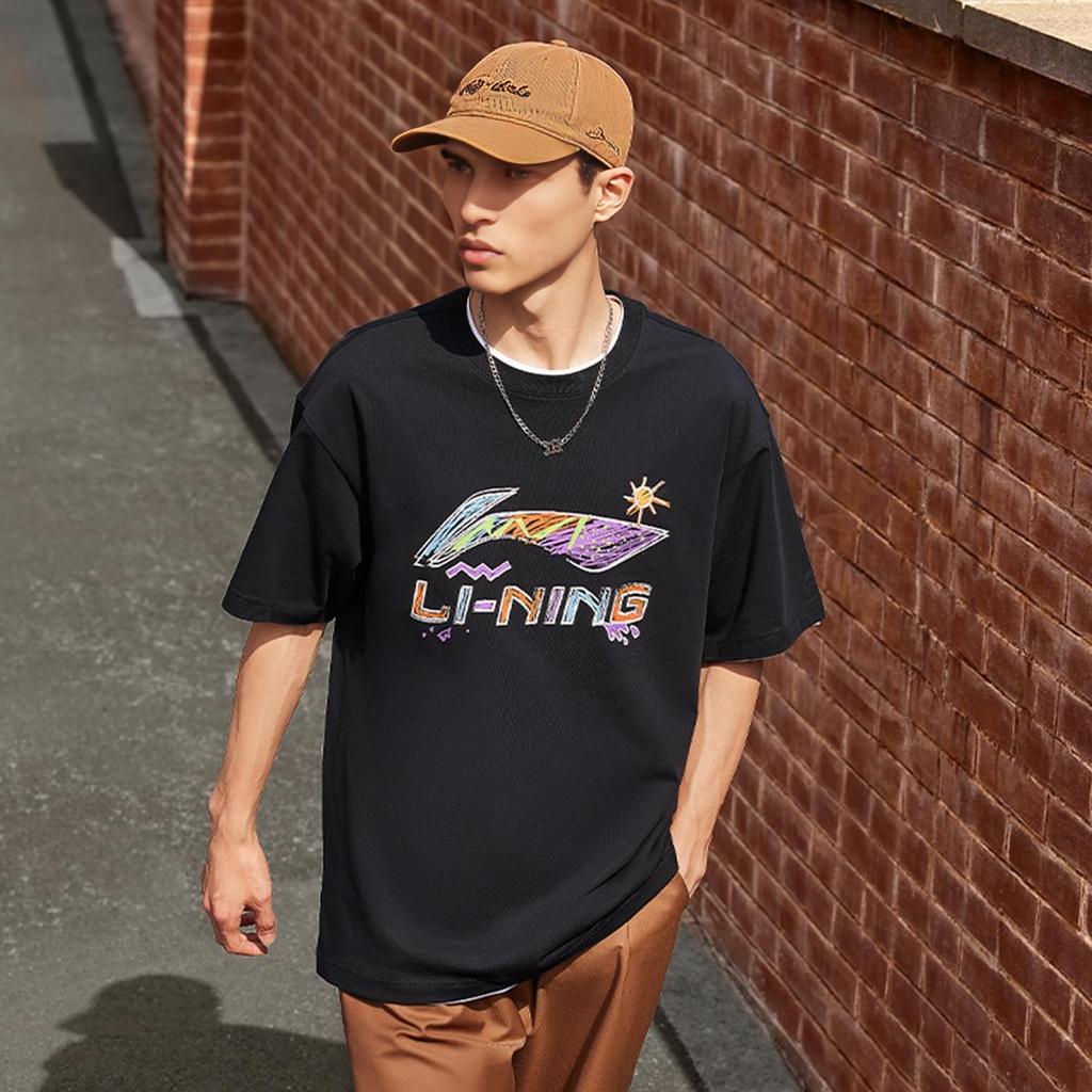 Li-Ning Hand-Painted Large Logo Print Loose Comfortable Versatile Short Sleeve T-Shirt Men Tops Black AHSU745-1