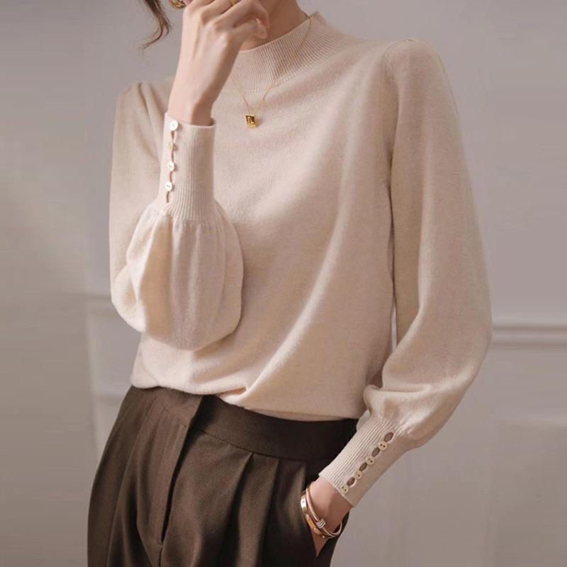 Autumn and Winter New Temperament Semi-turtleneck Back Buckle Design Lantern Sleeves High-end Sense Solid Color Knitted Bottoming Sweater Women