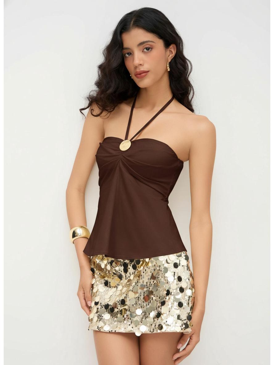 European Style Spicy Girl Halter Neck Camisole with Thin Straps M темно-коричневого