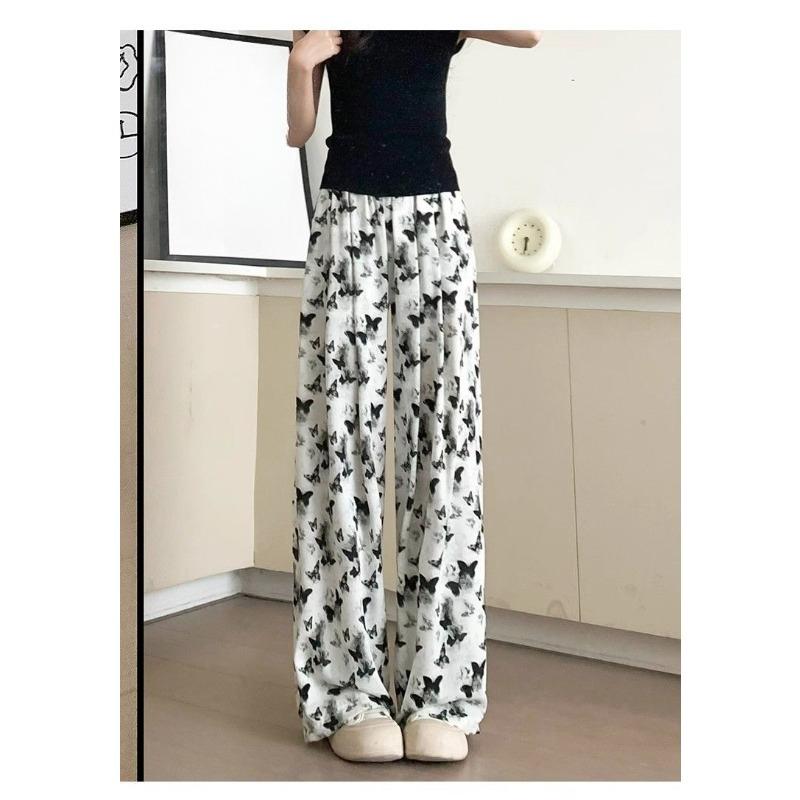 

Новые женские брюки в китайском стиле с принтом бабочек, тонкие эластичные брюки из ледяного шелка с эластичной талией, дышащие повседневные женские брюки XXXL белый
