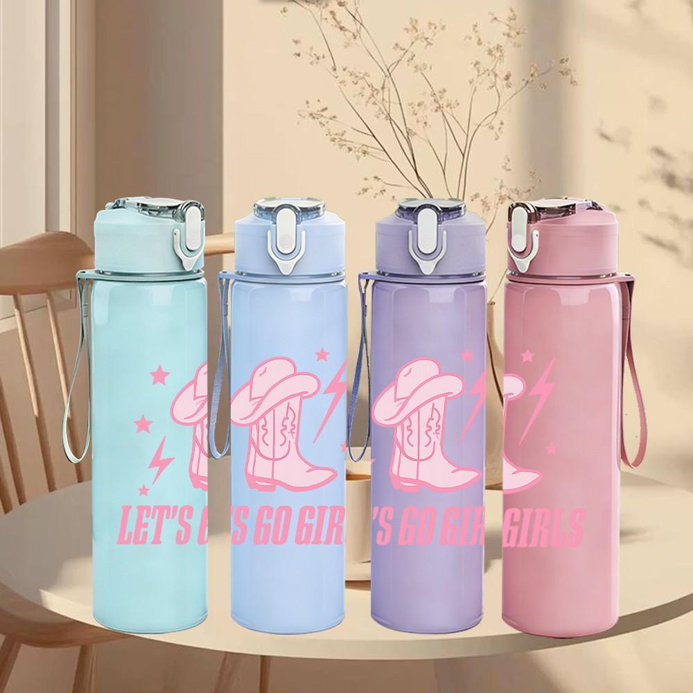 1PC Lets Go Girls Pink Quote Print 750ml Color Plastic Sports Water Bottle Leakproof Flip Straw Lid Suitable for Sports Office Home Use