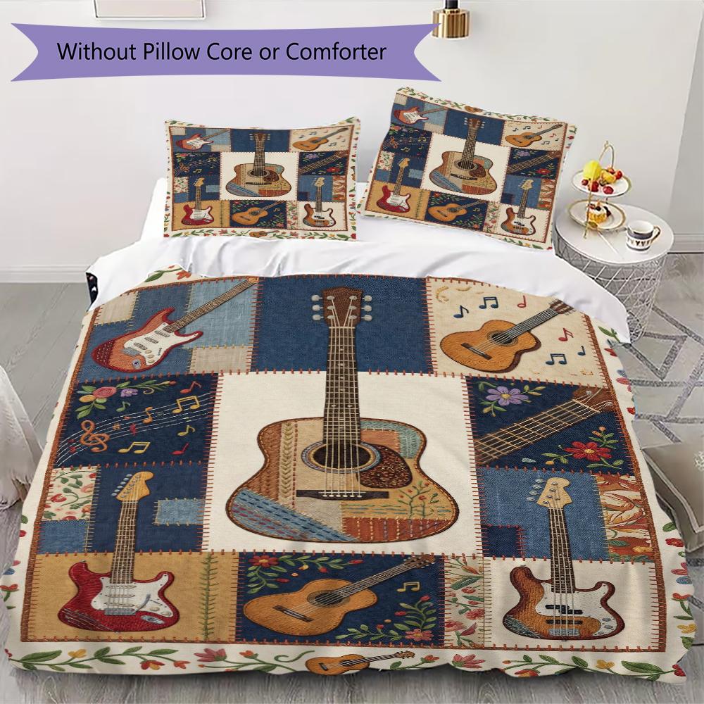 Guitar Music Pattern Bedding uilt Set uilt Cover Pillowcase Home Decoration Birthday Gift (1 * duvet cover + 2 * pillowcase  without core)56