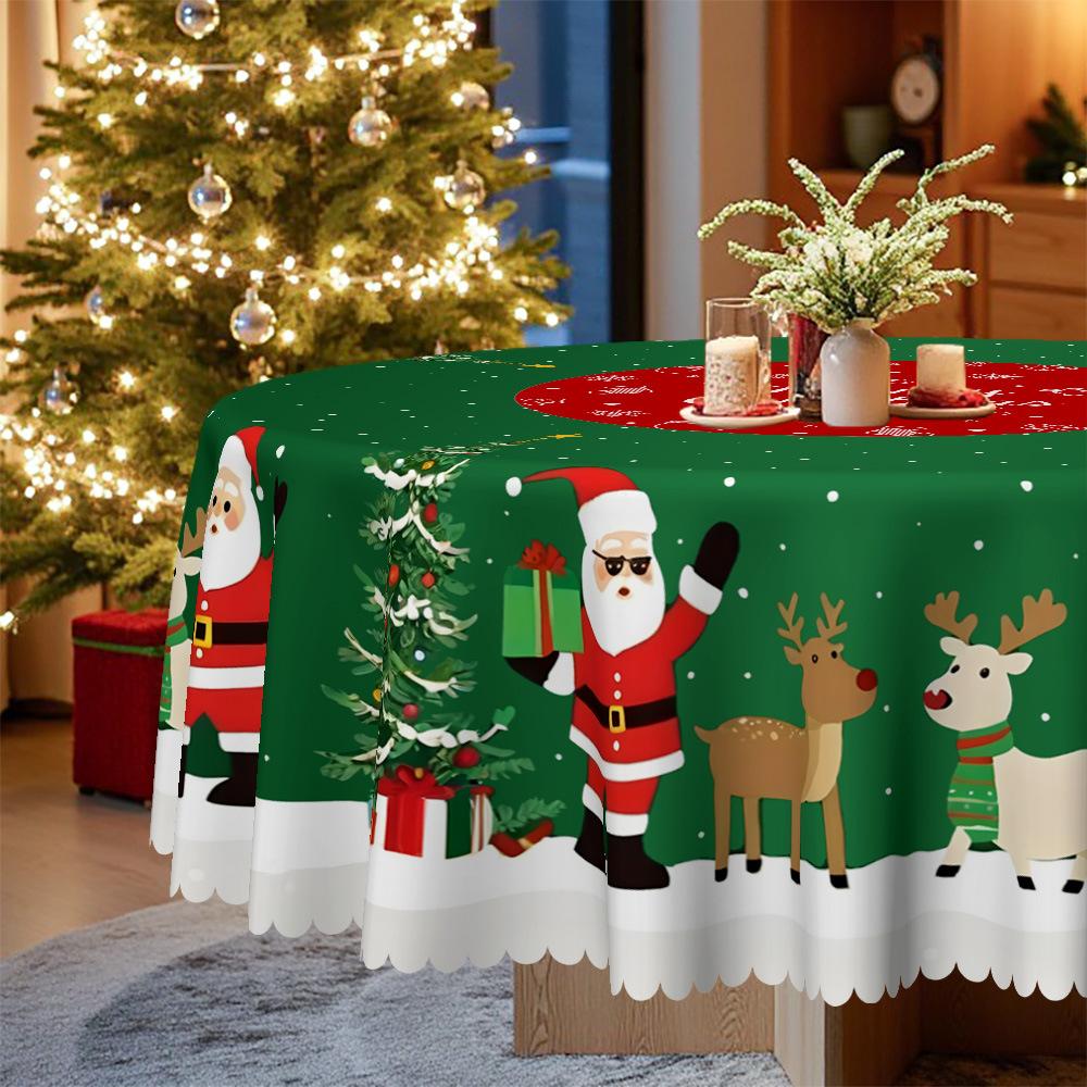 Christmas Tablecloth, Santa Claus Elk Snowman, Red And Green Contrasting Colors, Waterproof And Oil-Proof, Atmospheric Layout