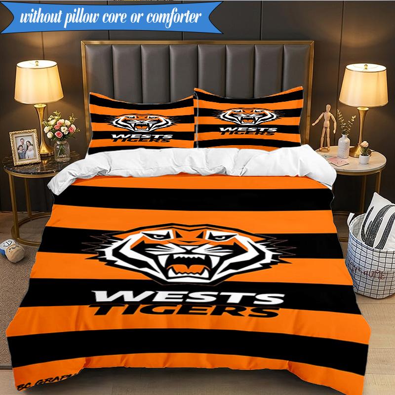 3PCS Wests Tigers Roar Strength And Pride Bedding Set 2D Printing (Includes 1 Duvet Cover + 2 Pillowcases Coreless), Bedroom decor,Fan gift