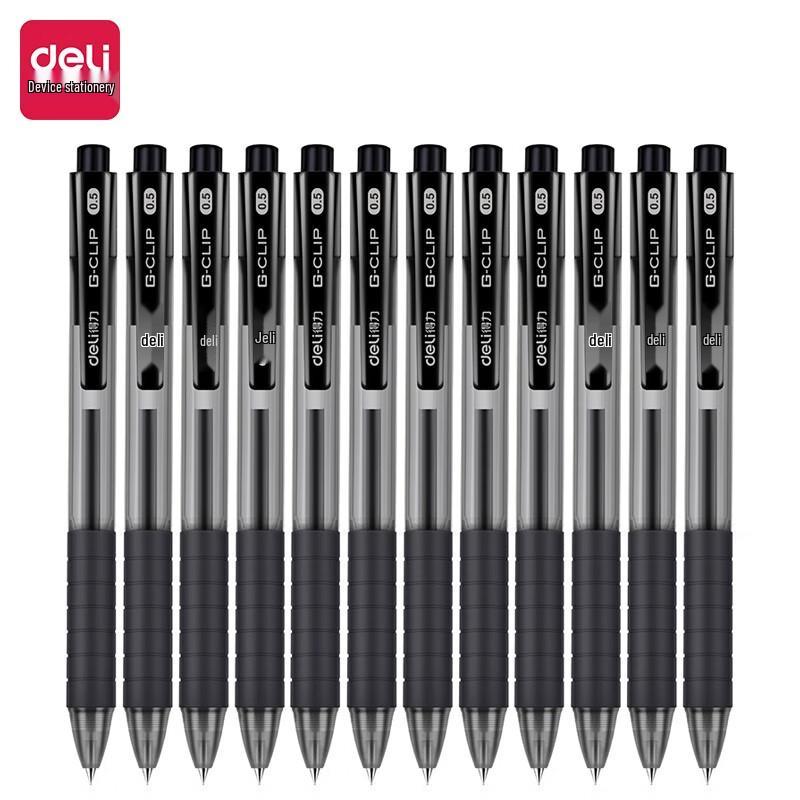 Deli S06 Retractable Gel Pen 0.5mm, Black Ink (12-pack)