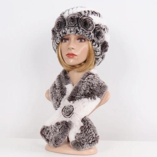 Hot Sale Lady Natural Fur Hats Scarves Sets Women Winter Knit Real Rex Rabbit Fur Hats Muffle 2 Pieces Real Fur Hat Scarf